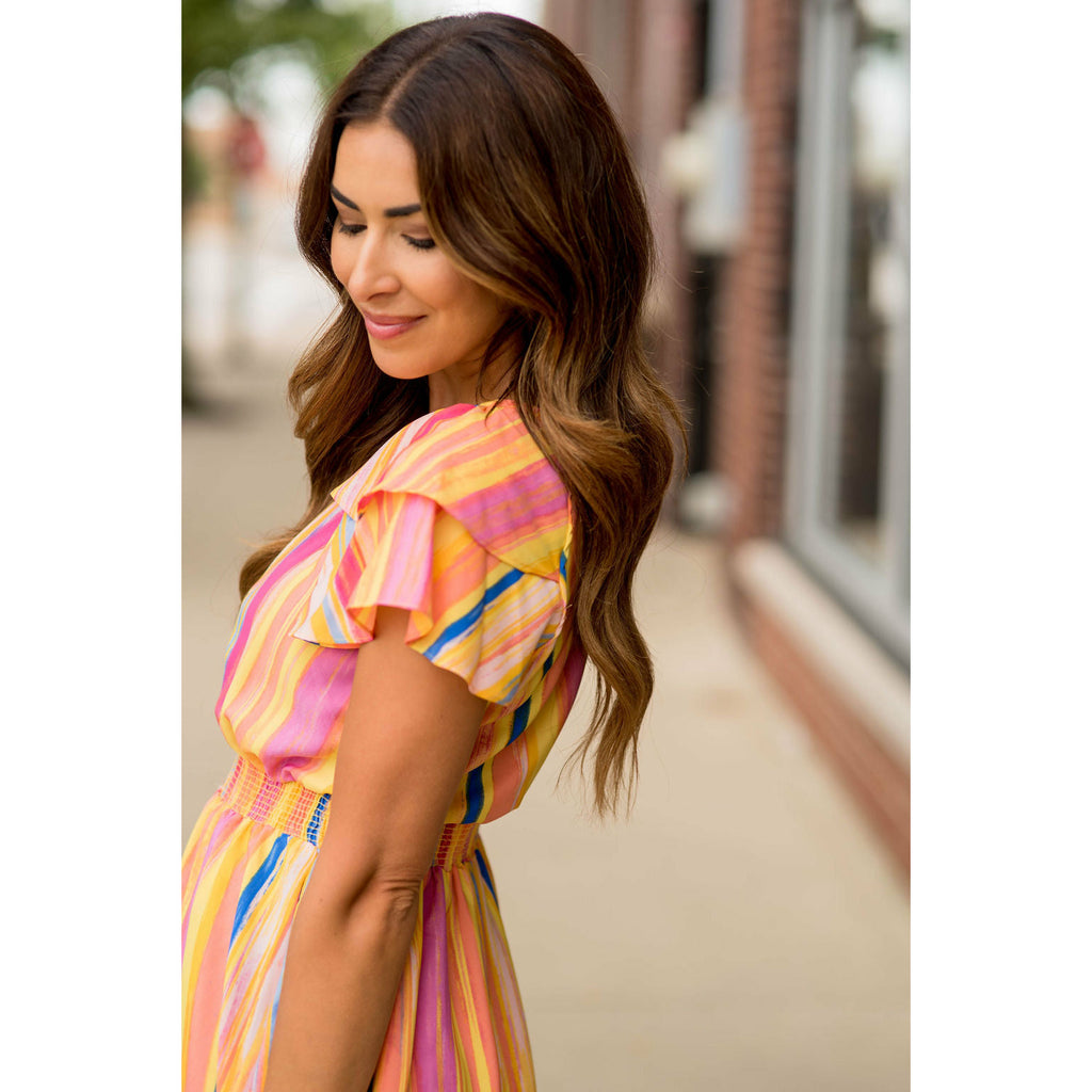 DUPLICATE Double Flutter Vertical Watercolor Striped Dress - Betsey's Boutique Shop