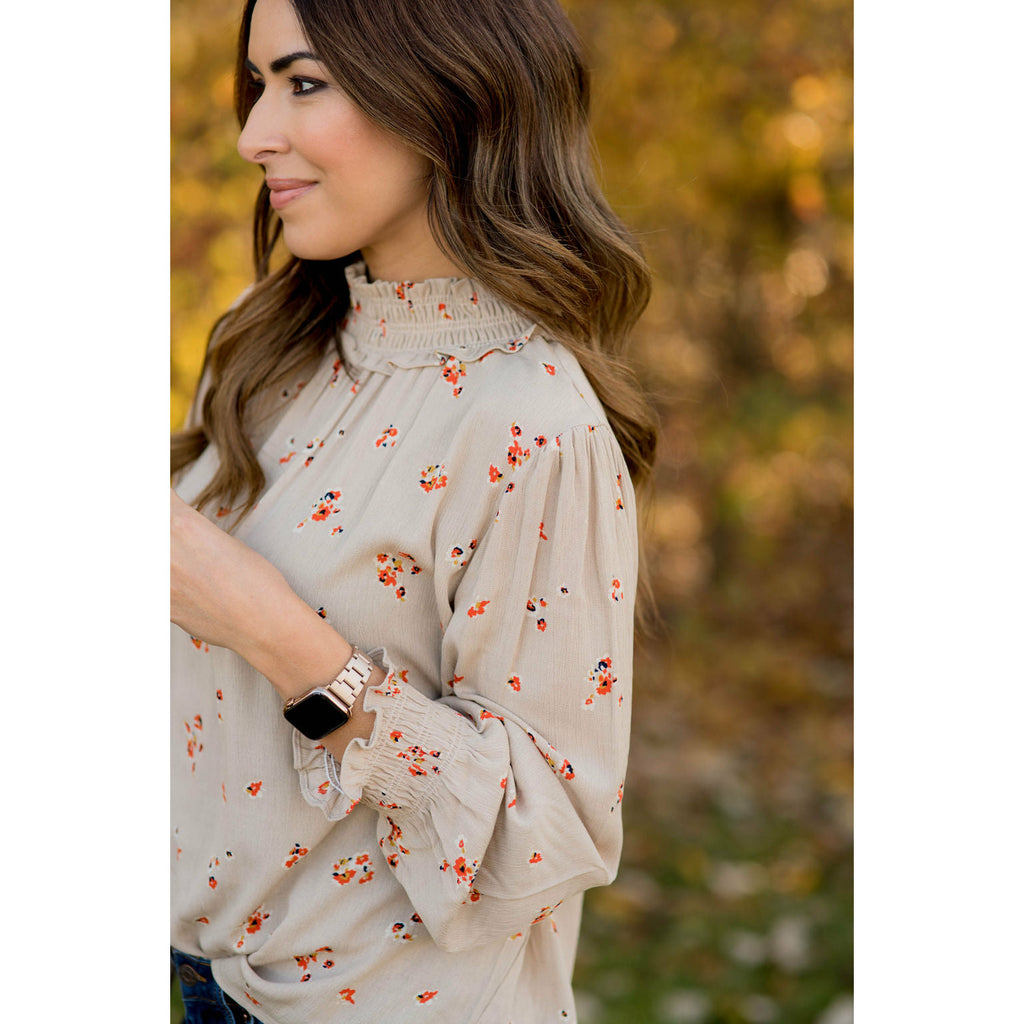 Fancy Floral Cinch Neck Sleeve Blouse - Betsey's Boutique Shop