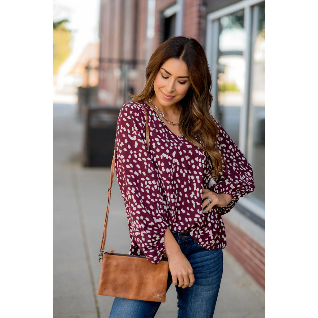 Leopard Cinched Sleeve V Blouse - Betsey's Boutique Shop