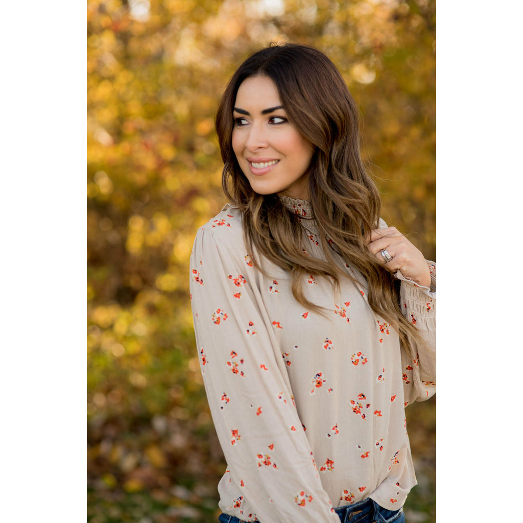 Fancy Floral Cinch Neck Sleeve Blouse - Betsey's Boutique Shop