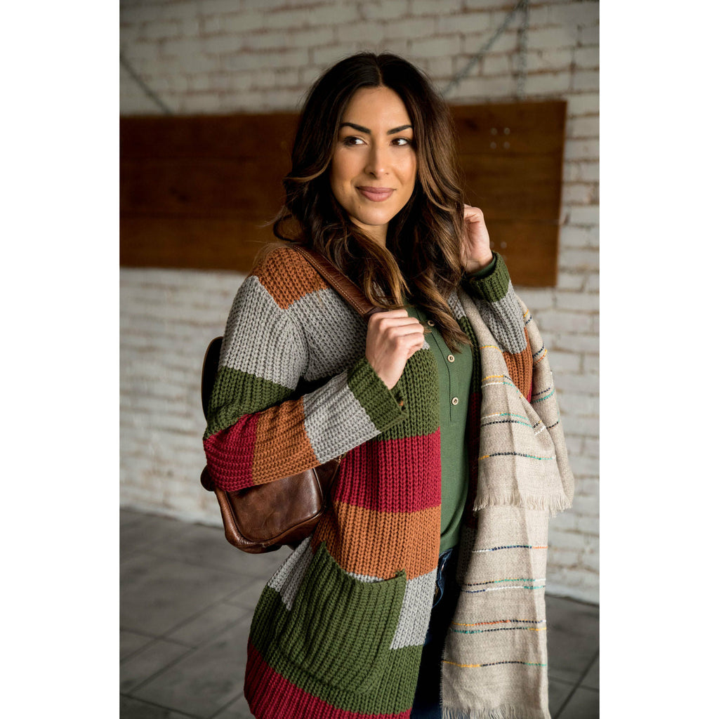 Olive/Burgundy/Camel Color Blocked Knit Cardigan - Betsey's Boutique Shop