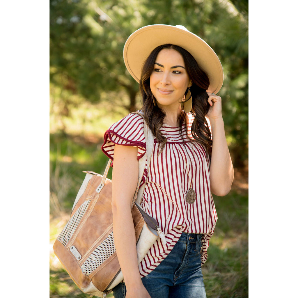 Solid Trimmed Striped Flutter Blouse - Betsey's Boutique Shop