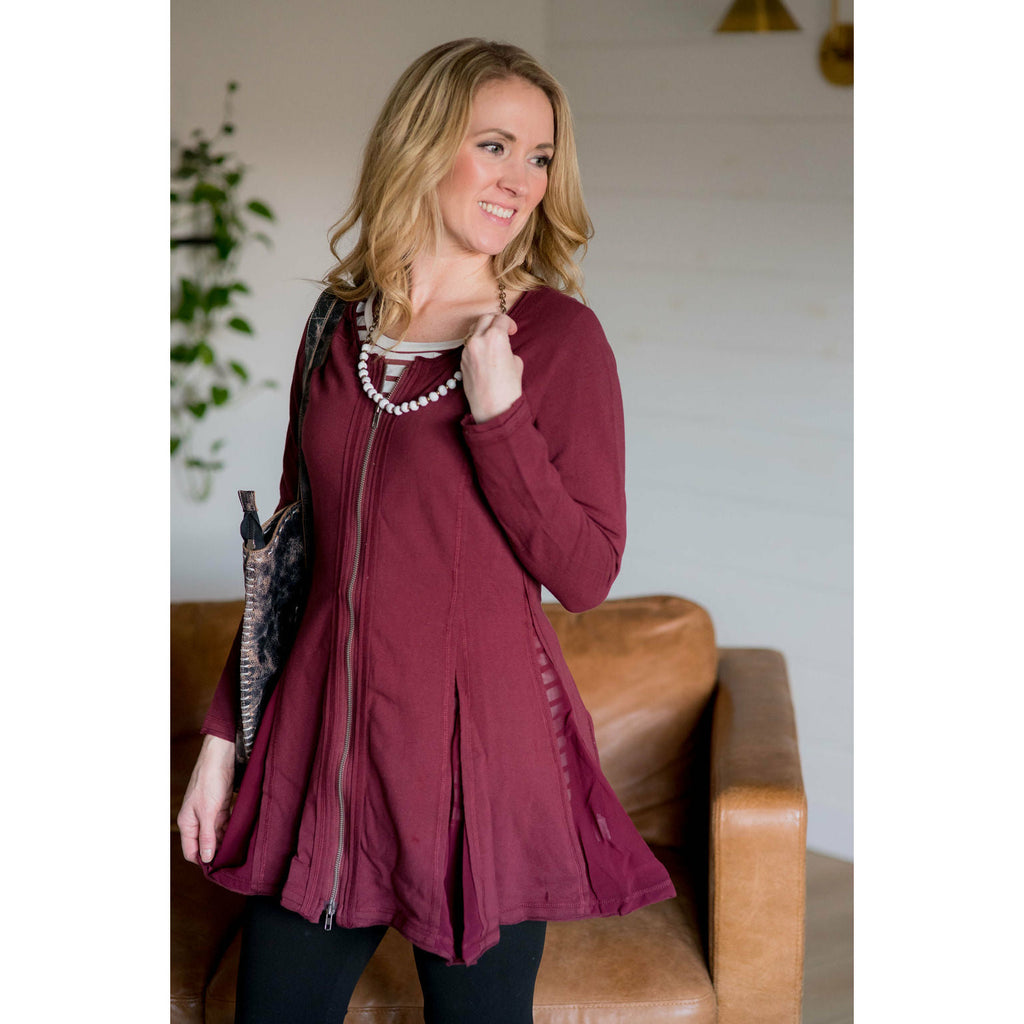 Flare Zipper Jacket - Burgundy - Betsey's Boutique Shop