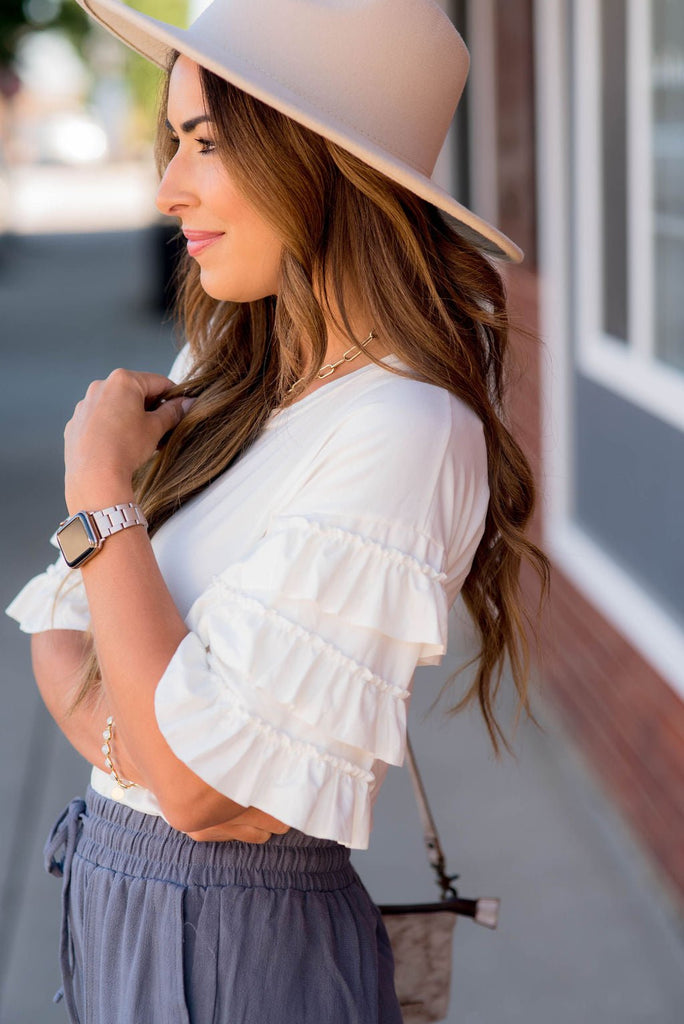 Half Sleeve Ruffle Down Tee - Betsey's Boutique Shop