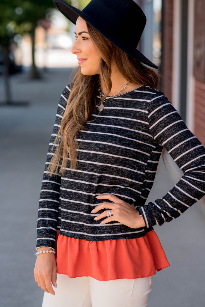 Striped Ruffle Bottom Sweater Tee - Betsey's Boutique Shop - Outerwear