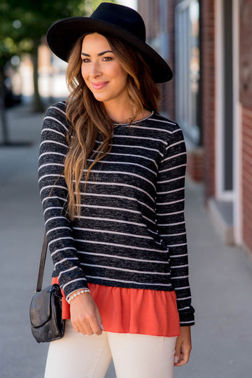 Striped Ruffle Bottom Sweater Tee - Betsey's Boutique Shop - Outerwear