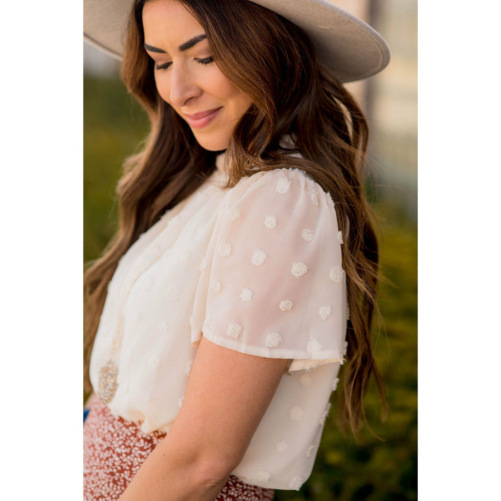 Swiss Dot Cinched Neck Blouse - Betsey's Boutique Shop