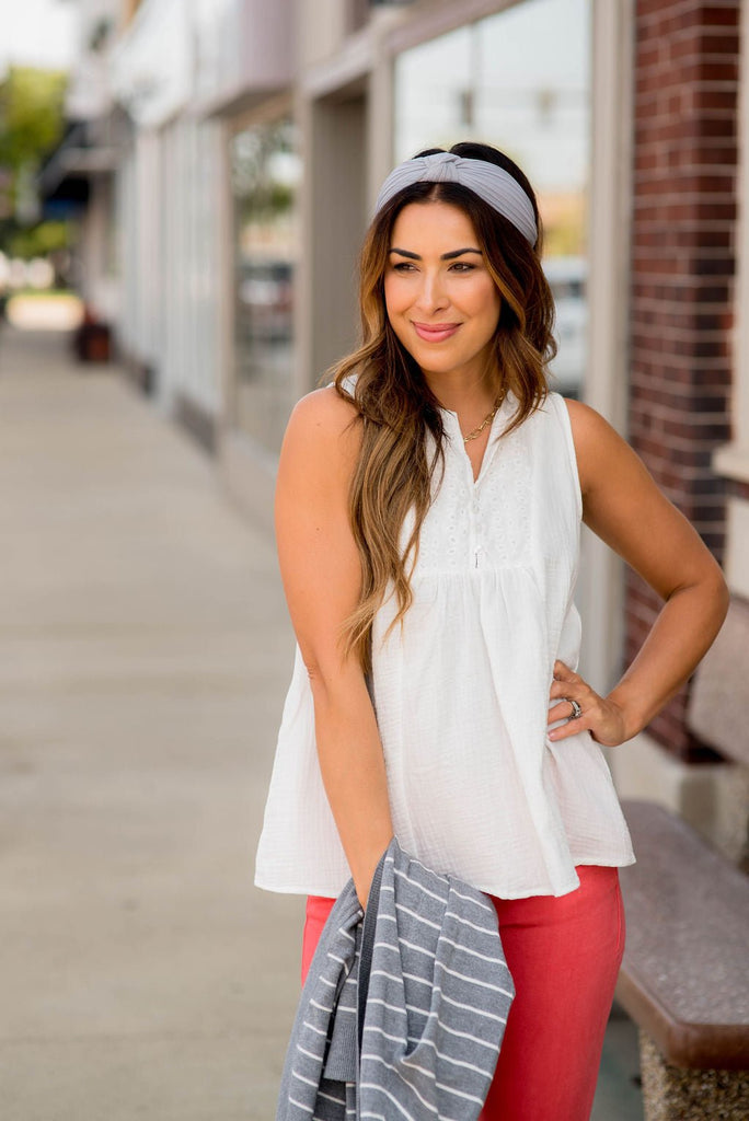 Gauze Eyelet Accent Tank - Betsey's Boutique Shop