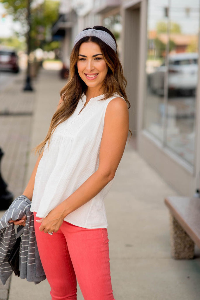 Gauze Eyelet Accent Tank - Betsey's Boutique Shop