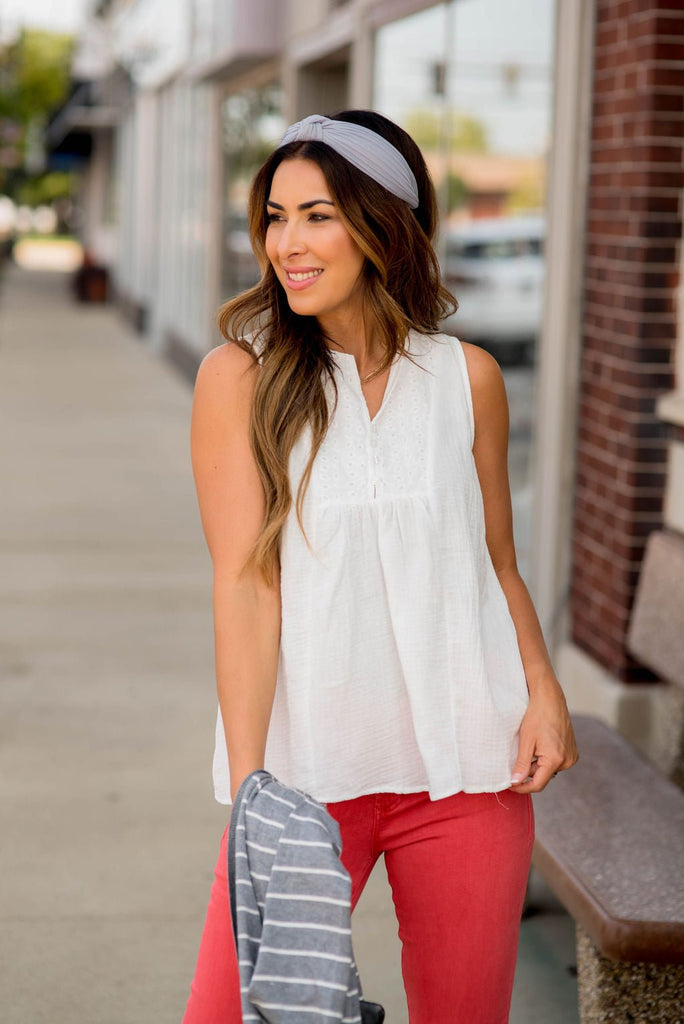 Gauze Eyelet Accent Tank - Betsey's Boutique Shop