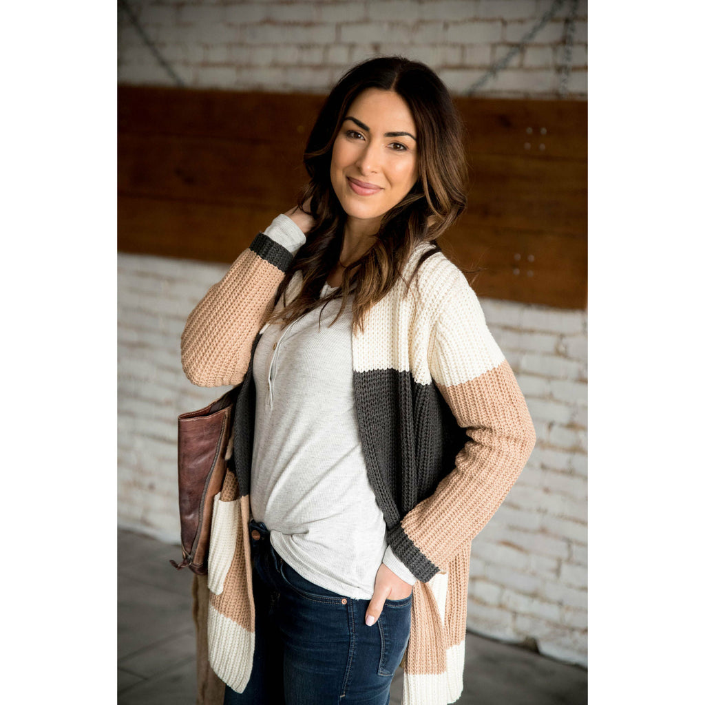 Neutral Color Blocked Knit Cardigan - Betsey's Boutique Shop