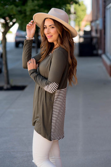 Striped Bottom Long Sleeve Tunic Tee - Betsey's Boutique Shop