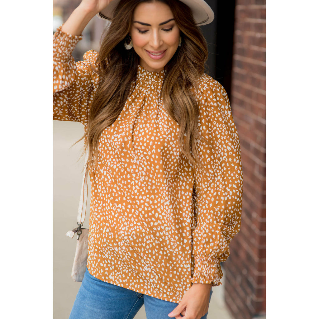 Cinched Neck Cuff Cheetah Blouse - Betsey's Boutique Shop