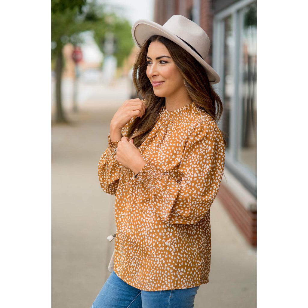 Cinched Neck Cuff Cheetah Blouse - Betsey's Boutique Shop