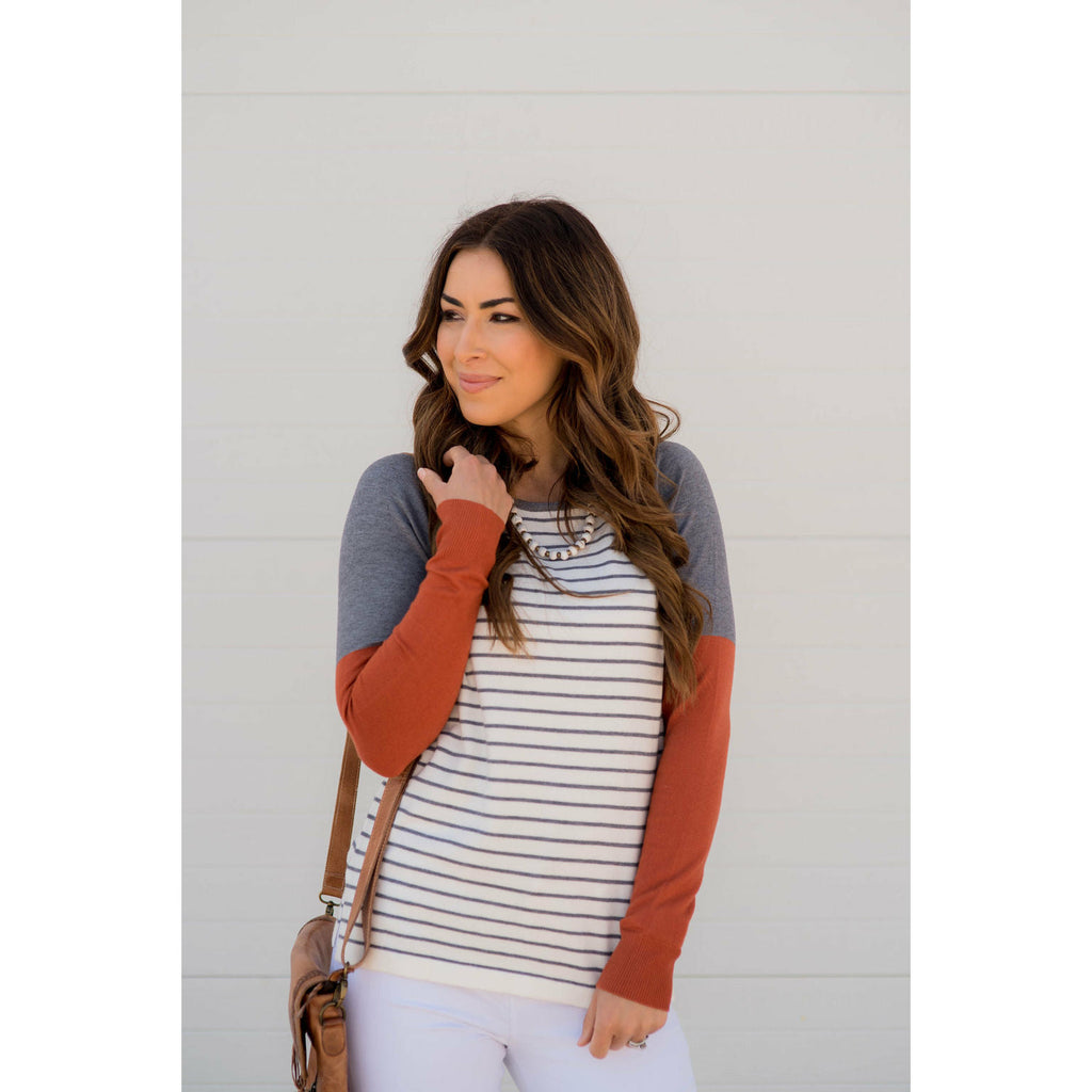 Color Blocked Sleeve Striped Tee - Betsey's Boutique Shop