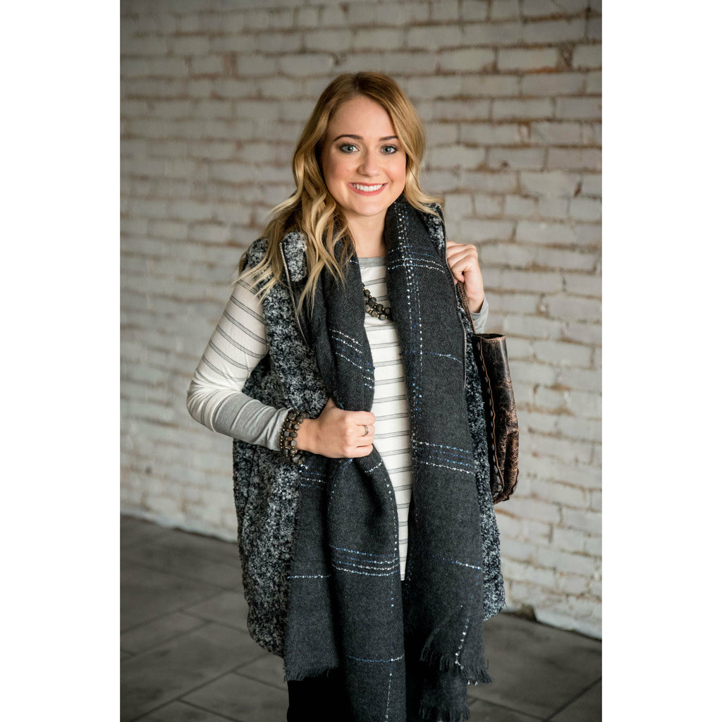 Hint of Blue Stitched Charcoal Scarf - Betsey's Boutique Shop