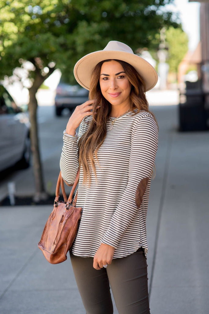 Striped Elbow Patch Long Sleeve Tee - Betsey's Boutique Shop