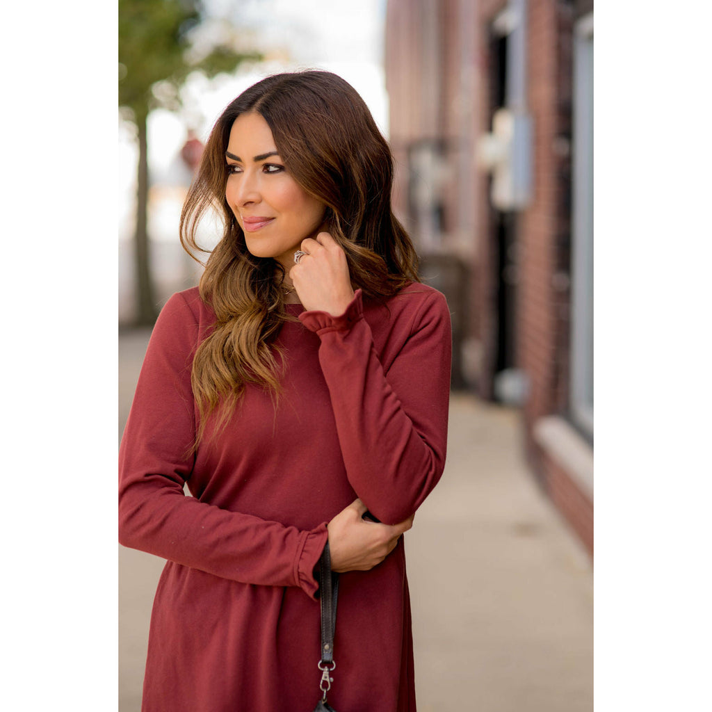 Cinched Ruffle Sleeve Sweatshirt Dress - Betsey's Boutique Shop