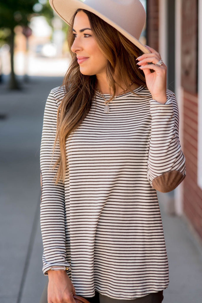 Striped Elbow Patch Long Sleeve Tee - Betsey's Boutique Shop