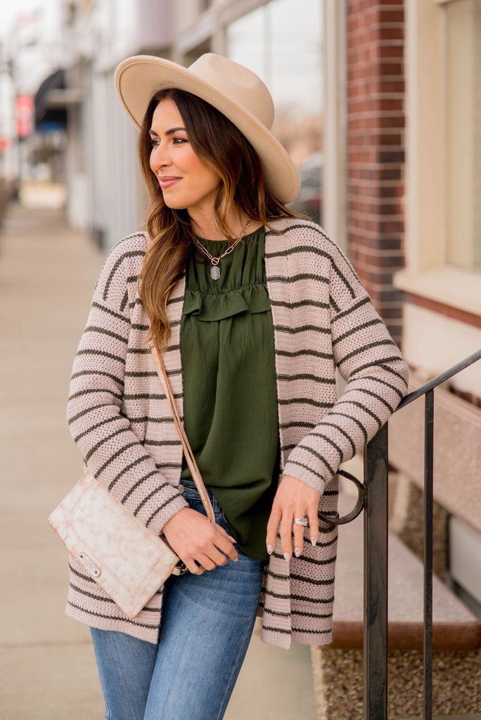 Thin Olive Striped Knit Tunic Cardigan - Betsey's Boutique Shop