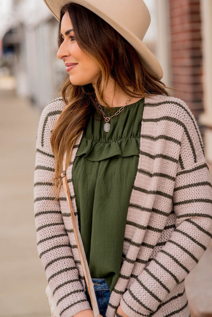 Thin Olive Striped Knit Tunic Cardigan - Betsey's Boutique Shop