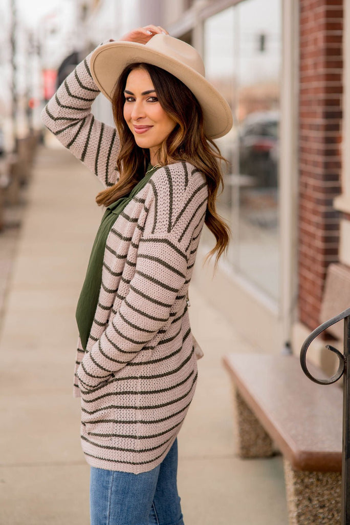 Thin Olive Striped Knit Tunic Cardigan - Betsey's Boutique Shop