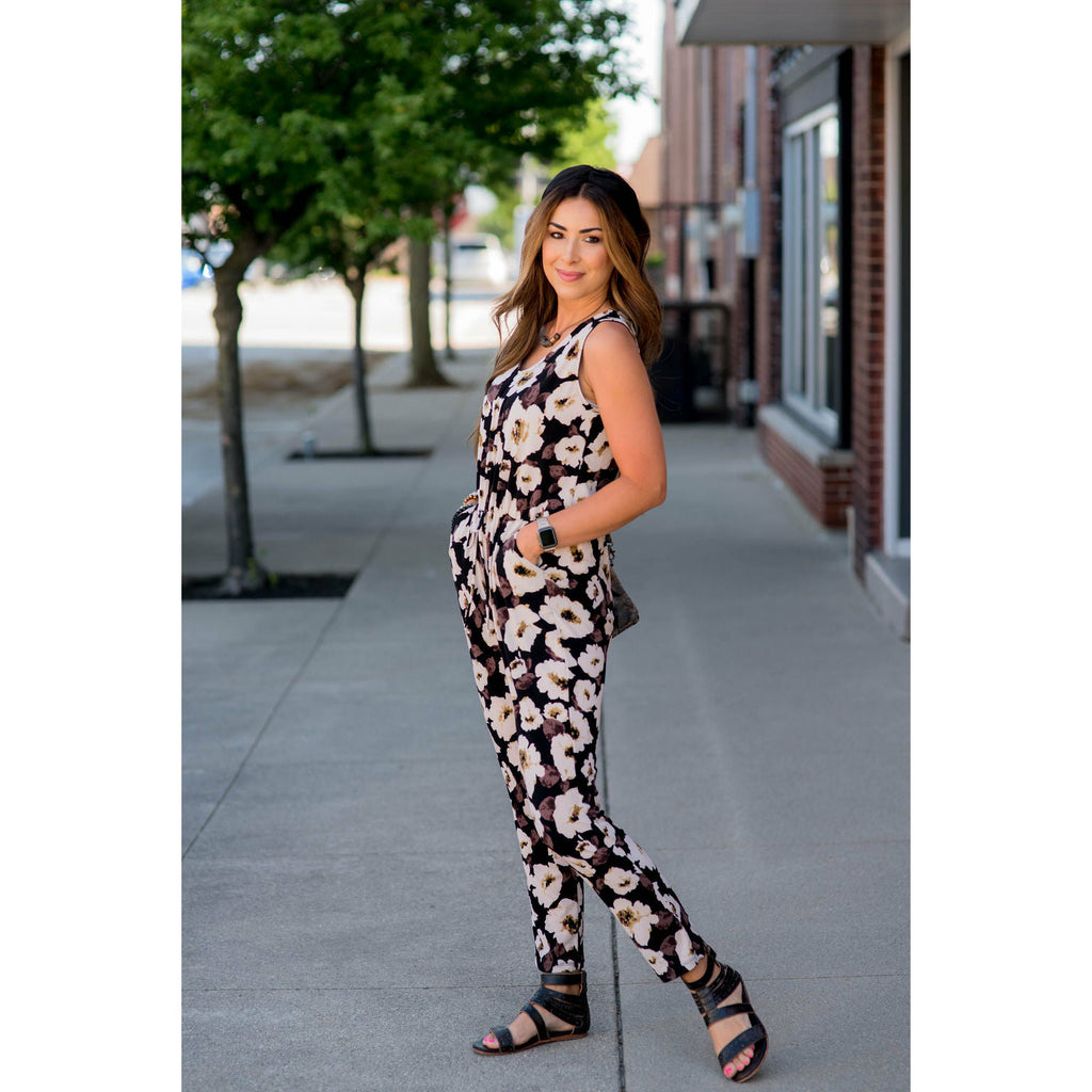 Black Floral Sleeveless Jumpsuit - Betsey's Boutique Shop