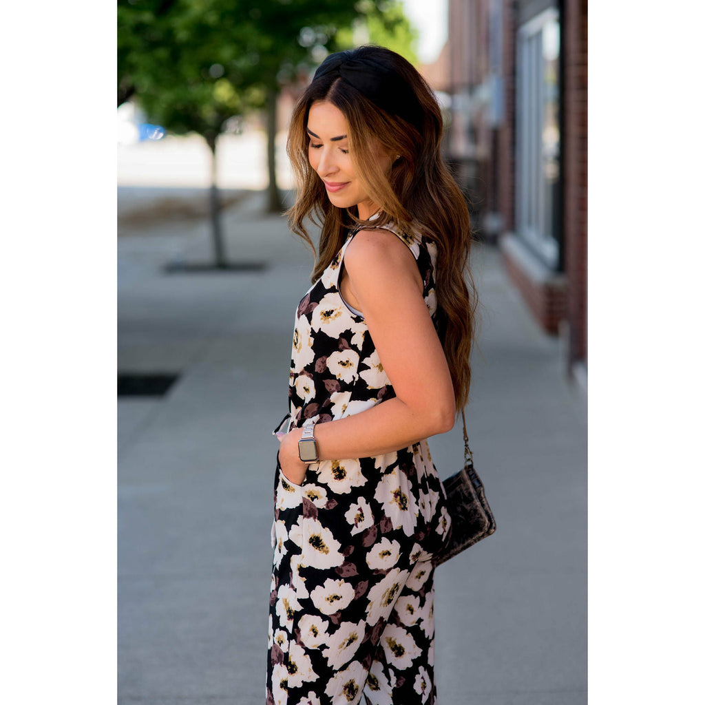 Black Floral Sleeveless Jumpsuit - Betsey's Boutique Shop