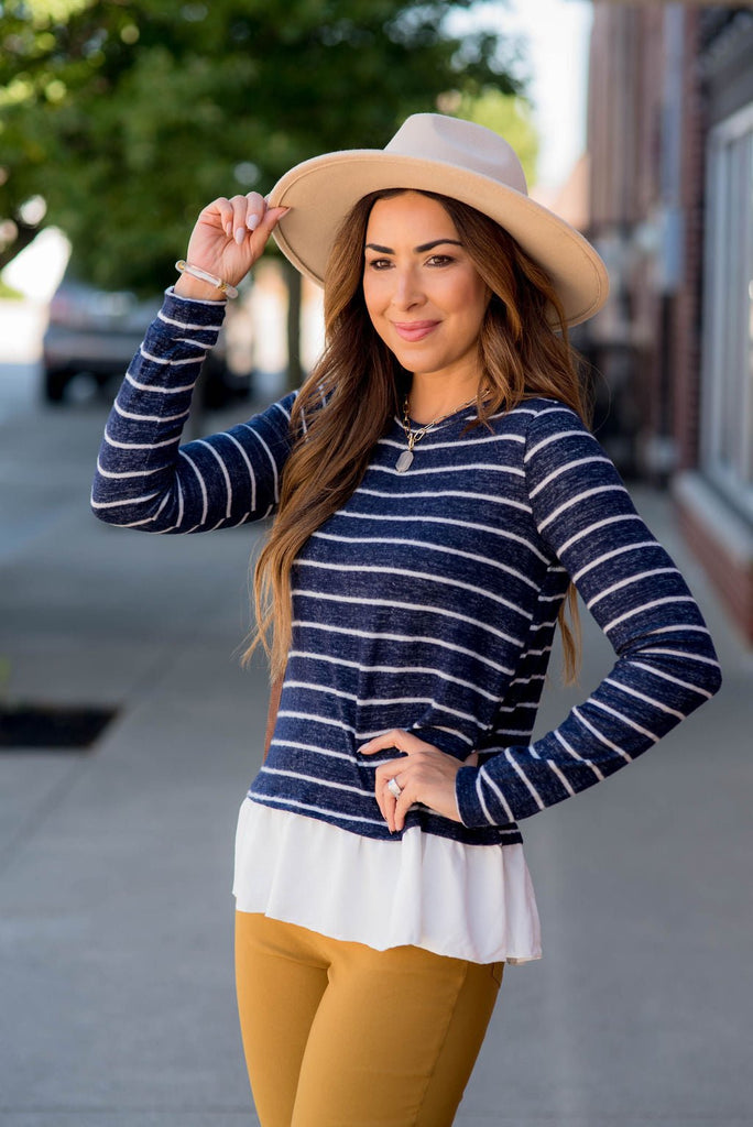 Striped Ruffle Bottom Sweater Tee - Betsey's Boutique Shop - Outerwear