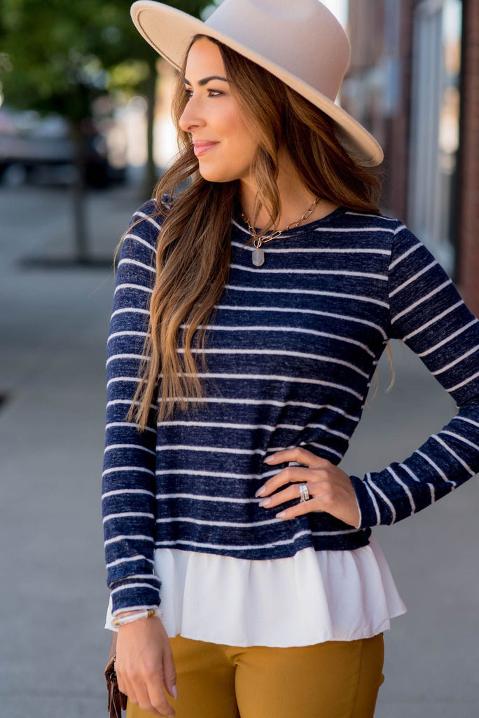 Striped Ruffle Bottom Sweater Tee - Betsey's Boutique Shop - Outerwear