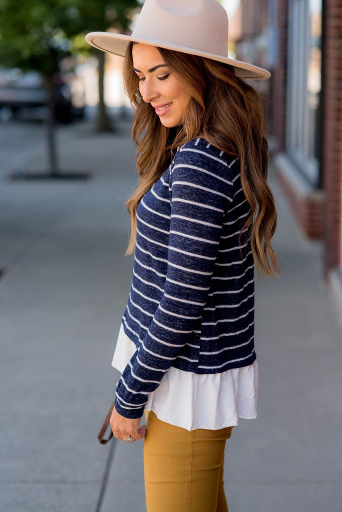 Striped Ruffle Bottom Sweater Tee - Betsey's Boutique Shop - Outerwear