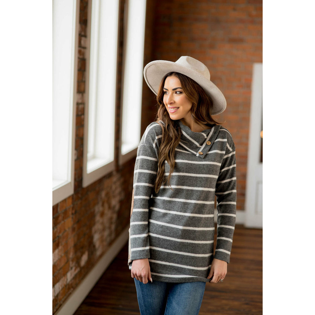 Striped Cowl Neck Elbow Patch Tee - Betsey's Boutique Shop