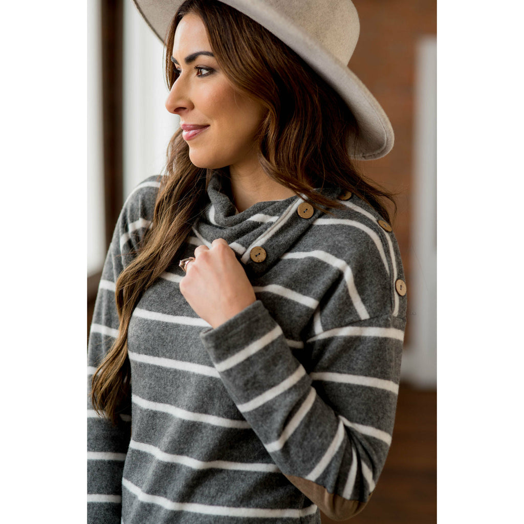 Striped Cowl Neck Elbow Patch Tee - Betsey's Boutique Shop