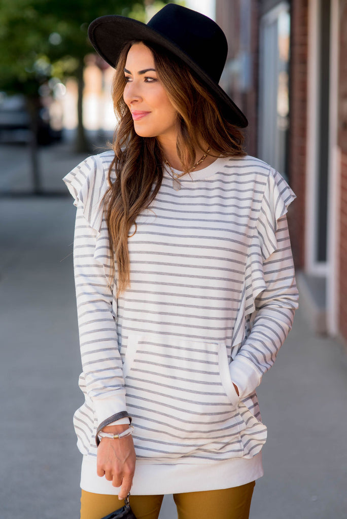 Striped Ruffle Edge Sweatshirt - Betsey's Boutique Shop