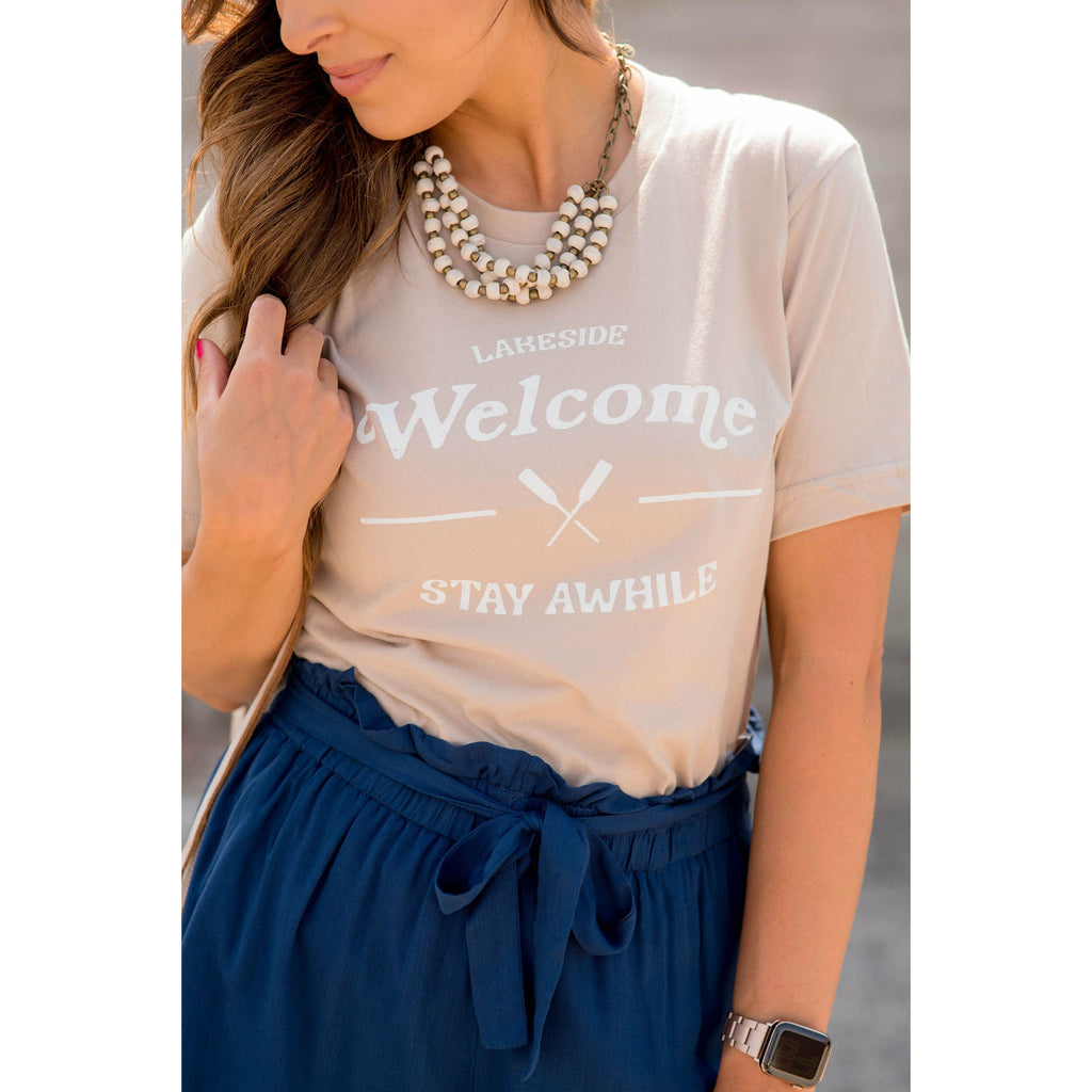 Welcome Stay Awhile Graphic Tee - Betsey's Boutique Shop