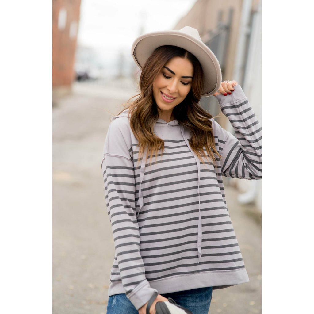 Drawstring Striped Hoodie - Betsey's Boutique Shop - Shirts & Tops