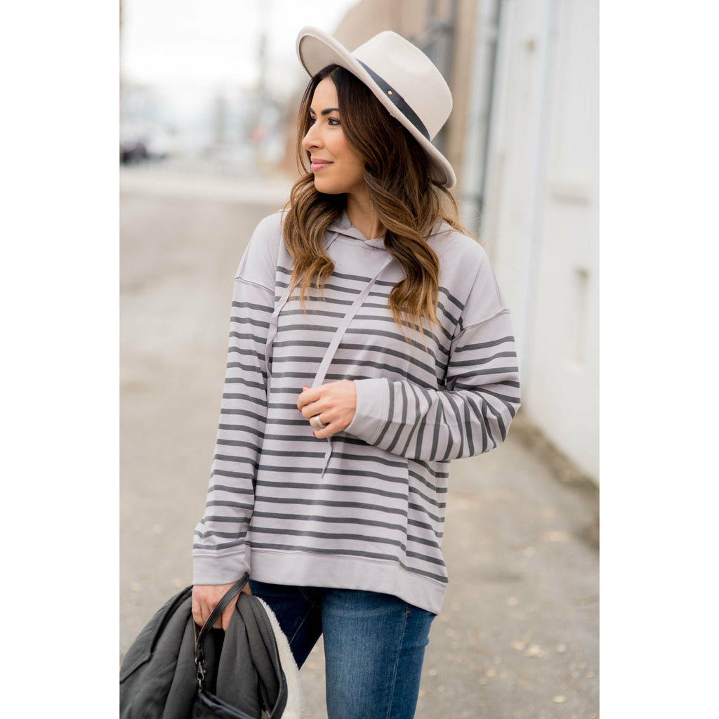 Drawstring Striped Hoodie - Betsey's Boutique Shop - Shirts & Tops