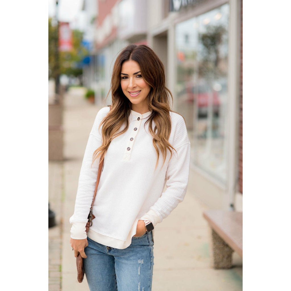 Mock Layered Button Thermal Sweatshirt - Betsey's Boutique Shop - Shirts & Tops