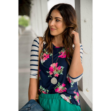 Navy Floral Baseball Tee - Betsey's Boutique Shop - Shirts & Tops