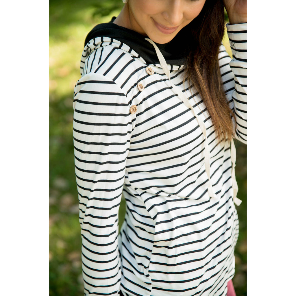 Striped Button Double Hoodie - Betsey's Boutique Shop - Shirts & Tops