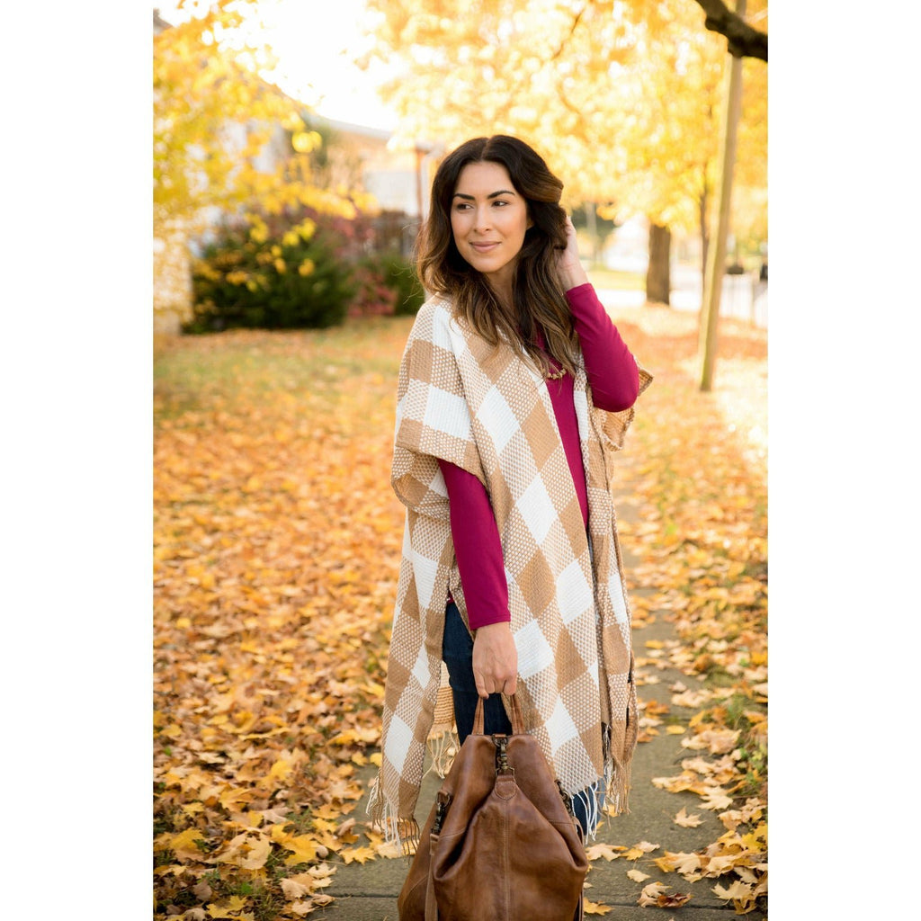 Mocha Grid Poncho - Betsey's Boutique Shop