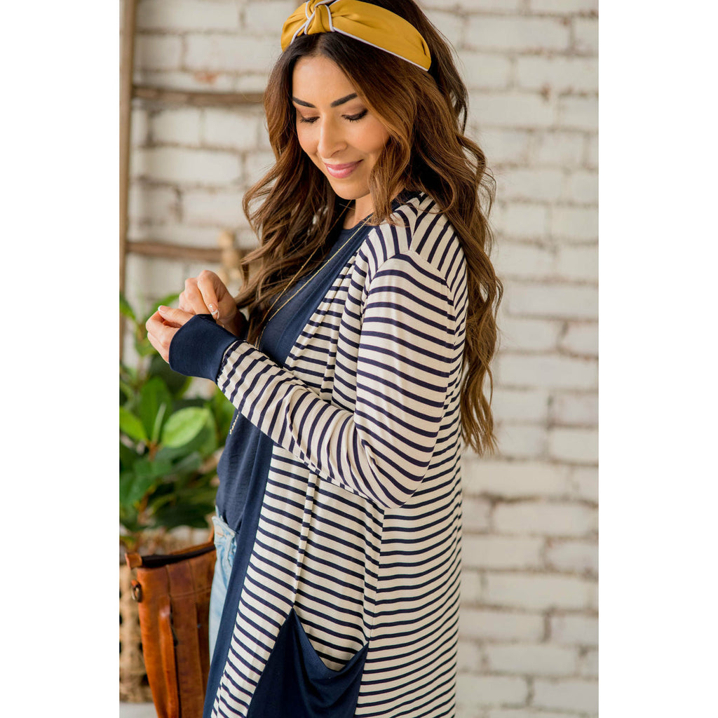 Thin Striped Solid Accent Tunic Cardigan - Betsey's Boutique Shop - Coats & Jackets