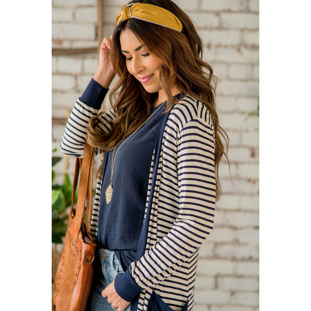 Thin Striped Solid Accent Tunic Cardigan - Betsey's Boutique Shop - Coats & Jackets