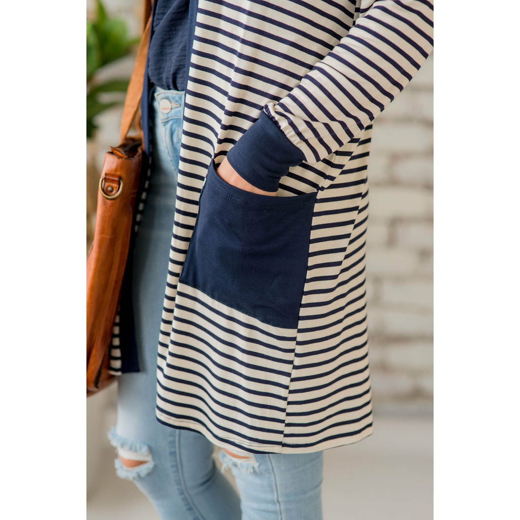 Thin Striped Solid Accent Tunic Cardigan - Betsey's Boutique Shop - Coats & Jackets