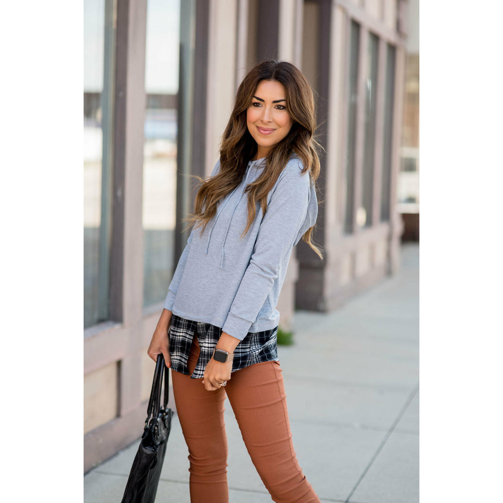 Plaid Accented Solid Hoodie - Betsey's Boutique Shop