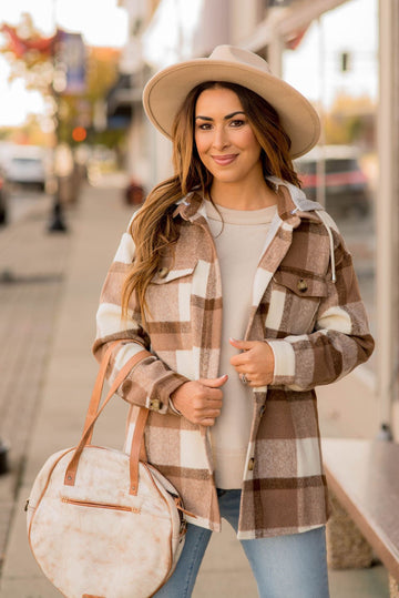 Head In The Clouds Hooded Plaid Shacket - Betsey's Boutique Shop