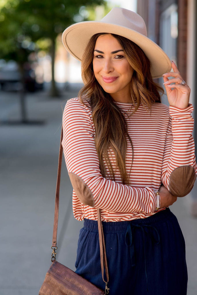 Striped Elbow Patch Long Sleeve Tee - Betsey's Boutique Shop