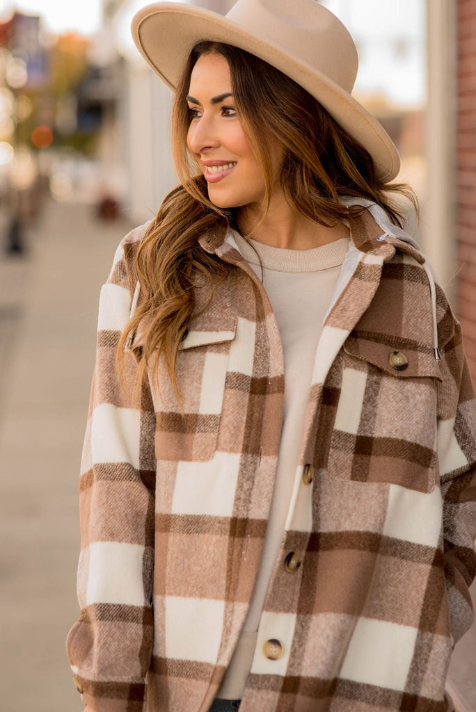 Head In The Clouds Hooded Plaid Shacket - Betsey's Boutique Shop