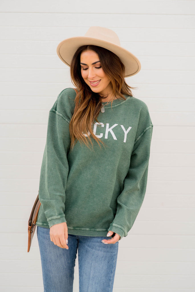 Lucky Ribbed Graphic Crewneck - Betsey's Boutique Shop