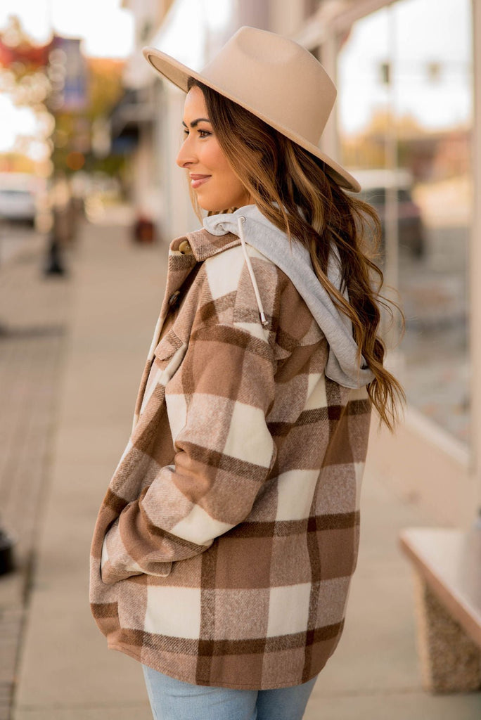 Head In The Clouds Hooded Plaid Shacket - Betsey's Boutique Shop